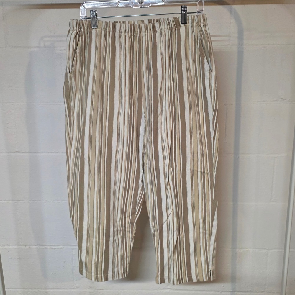 Vintage 80s Kantoo Tan Beige Striped Cotton Cropped Pants Elastic Waist Women XL